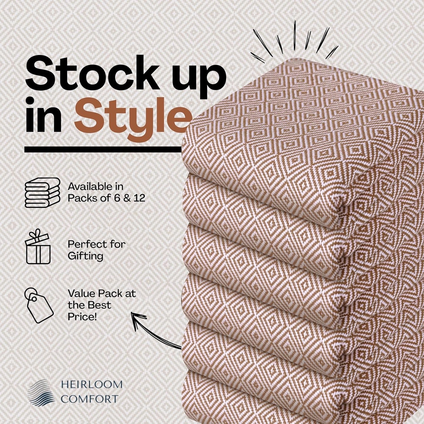 Brown Cloth Napkins Set of 12, Diamond Pattern Weave, 16x16 Inch, 100% Cotton, Durable & Washable Fabric Table Linen