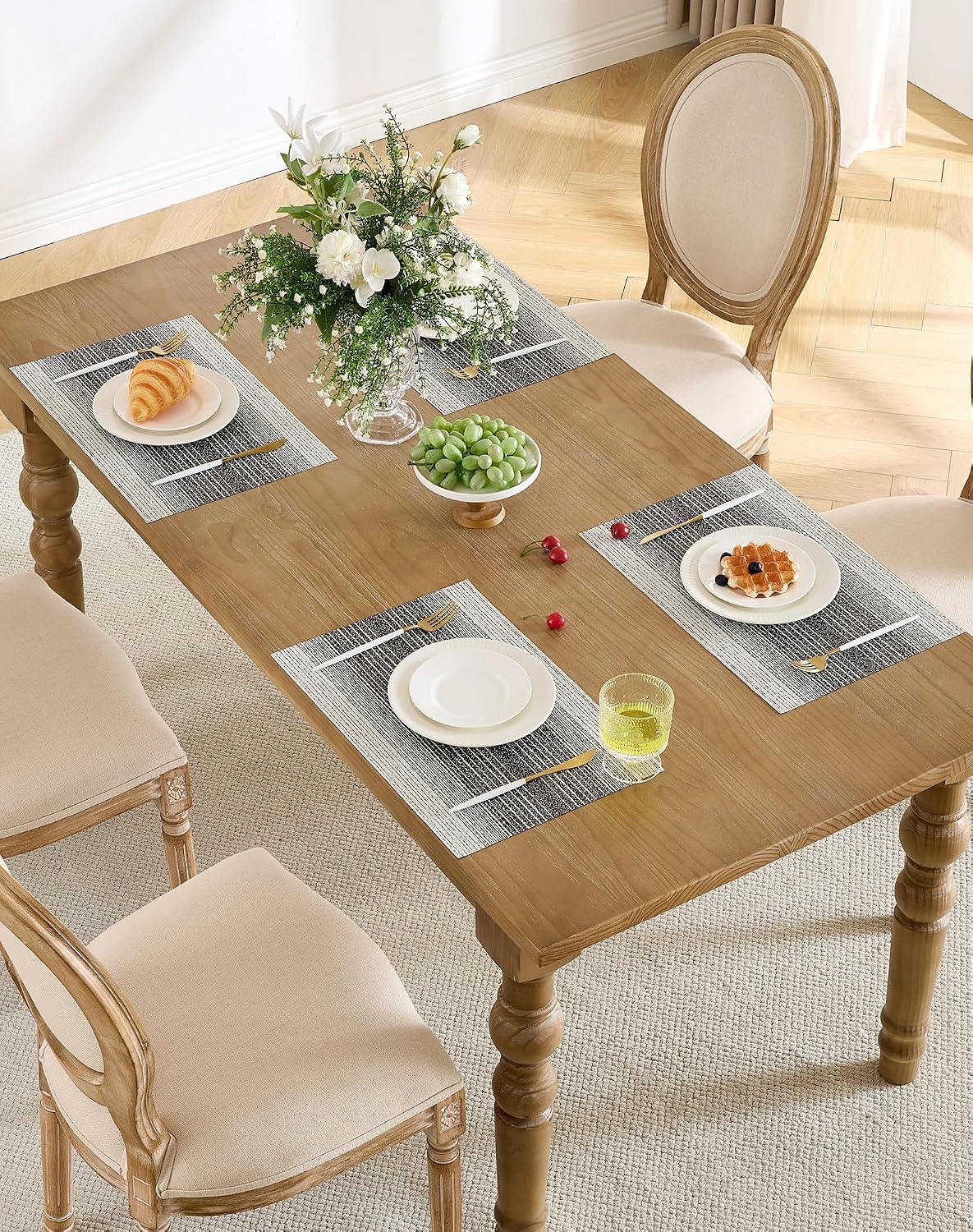 Leetaltree Woven Vinyl Placemats Set of 8,Black& White | Waterproof & Washable Dining Table Mats for Wedding