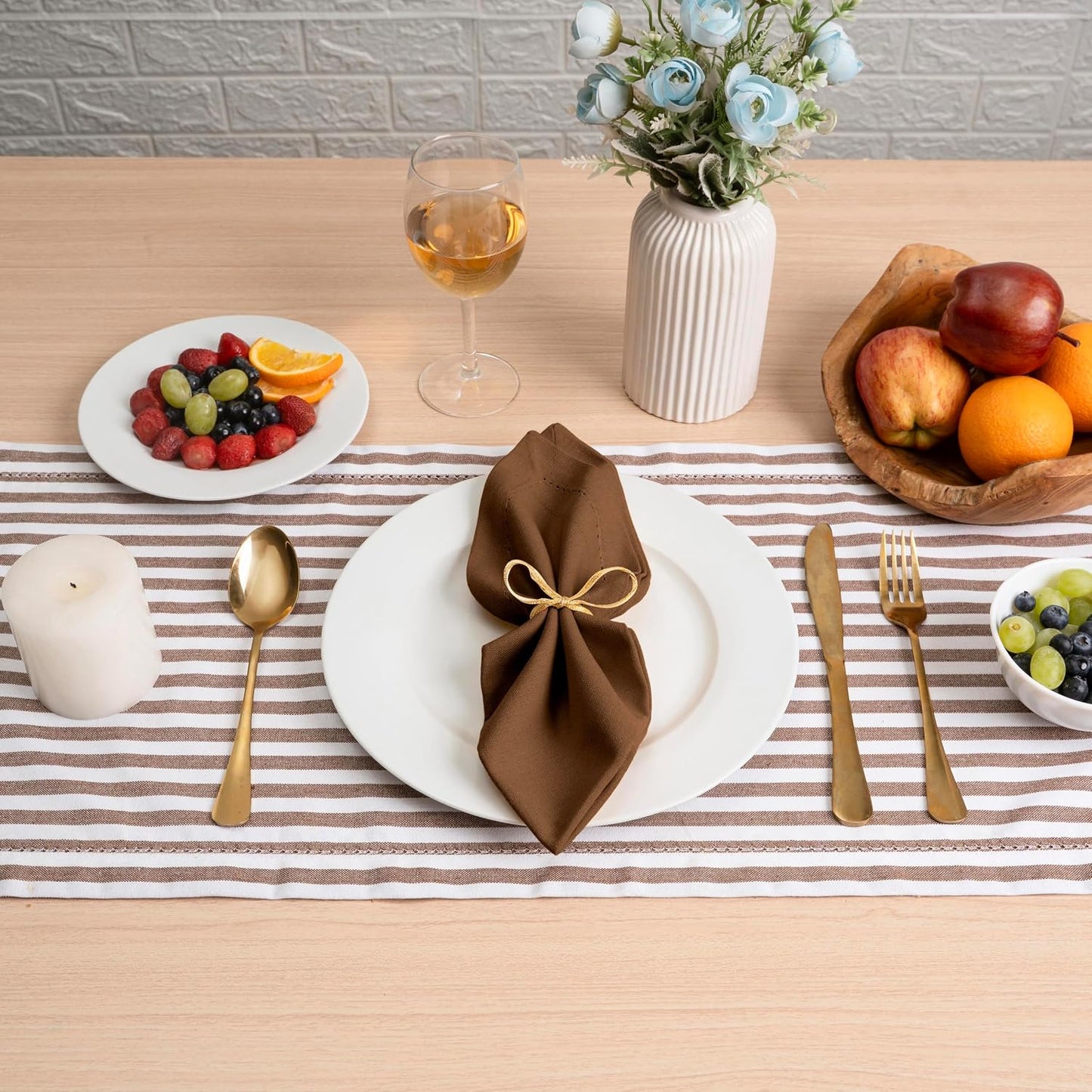 Blue Needles Set of 12 Hemstitch Linen Napkins 100% Cotton Nut Brown Cloth Dinner Napkins 18x18 inches, Soft, Reusable