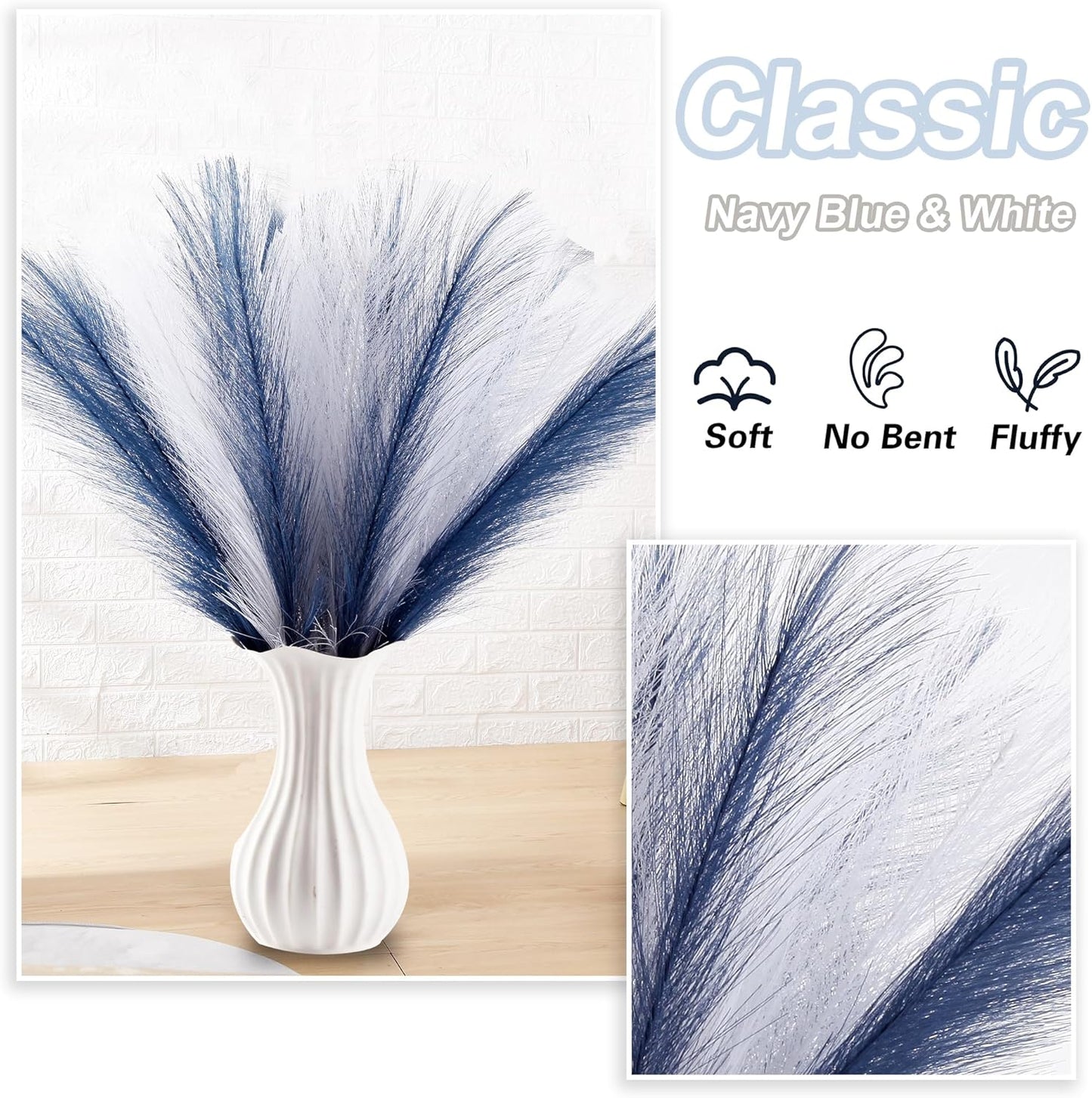 Pompas Grass Flower Arrangement and Vase / 17'' Tall / Navy Blue& White / Set of 30