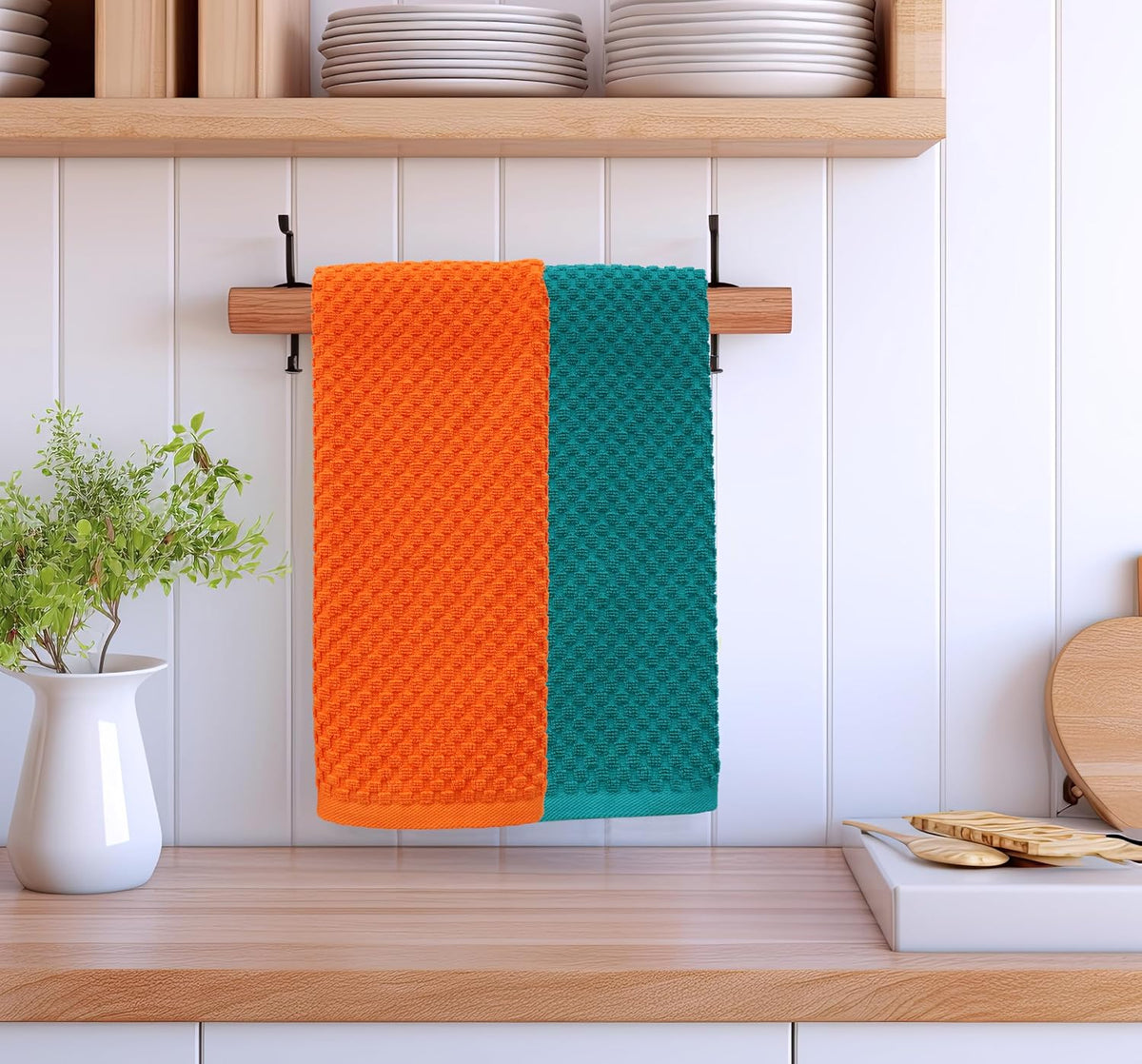 COTTON CRAFT Amazing Kitchen Towels - 8 Pack 100% Cotton Waffle Terry Towel | Teal, Orange, Red, Green - 16x28 Euro