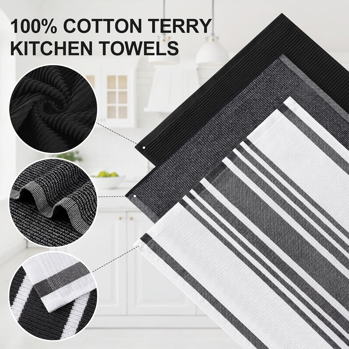 Homaxy Cotton 380 GSM Premium Kitchen Towels, 18"x 28", 12 Pack, Black | Soft and Absorbent Terry Dish Towels