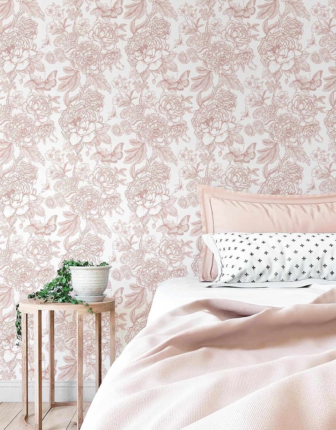 Floral Peel and Stick Wallpaper Boho Contact Paper 17.3''x197'' Peony / 17.3 x 197 / Pink and White