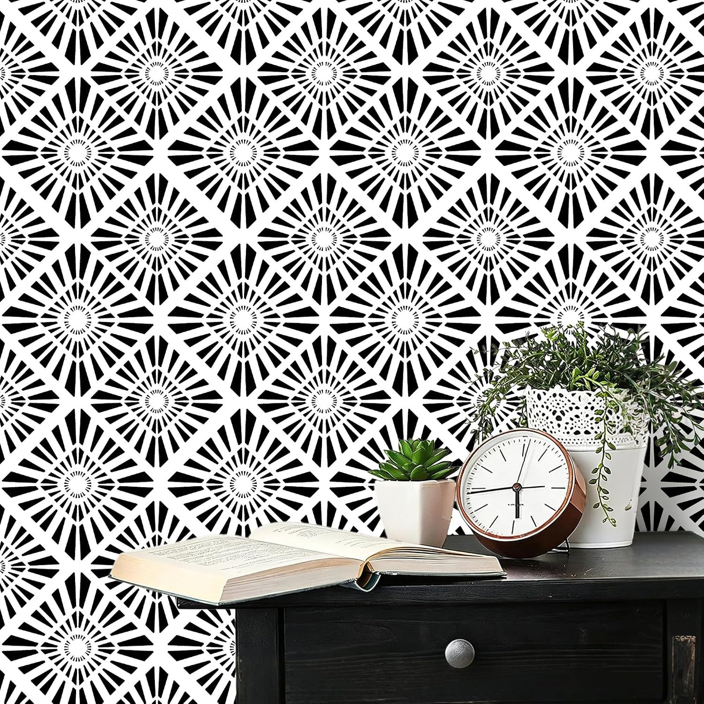 Diamond Wallpaper 2 Sheets Removable Peel and Stick Geometric Pattern / Black / 15.7 x 35.4