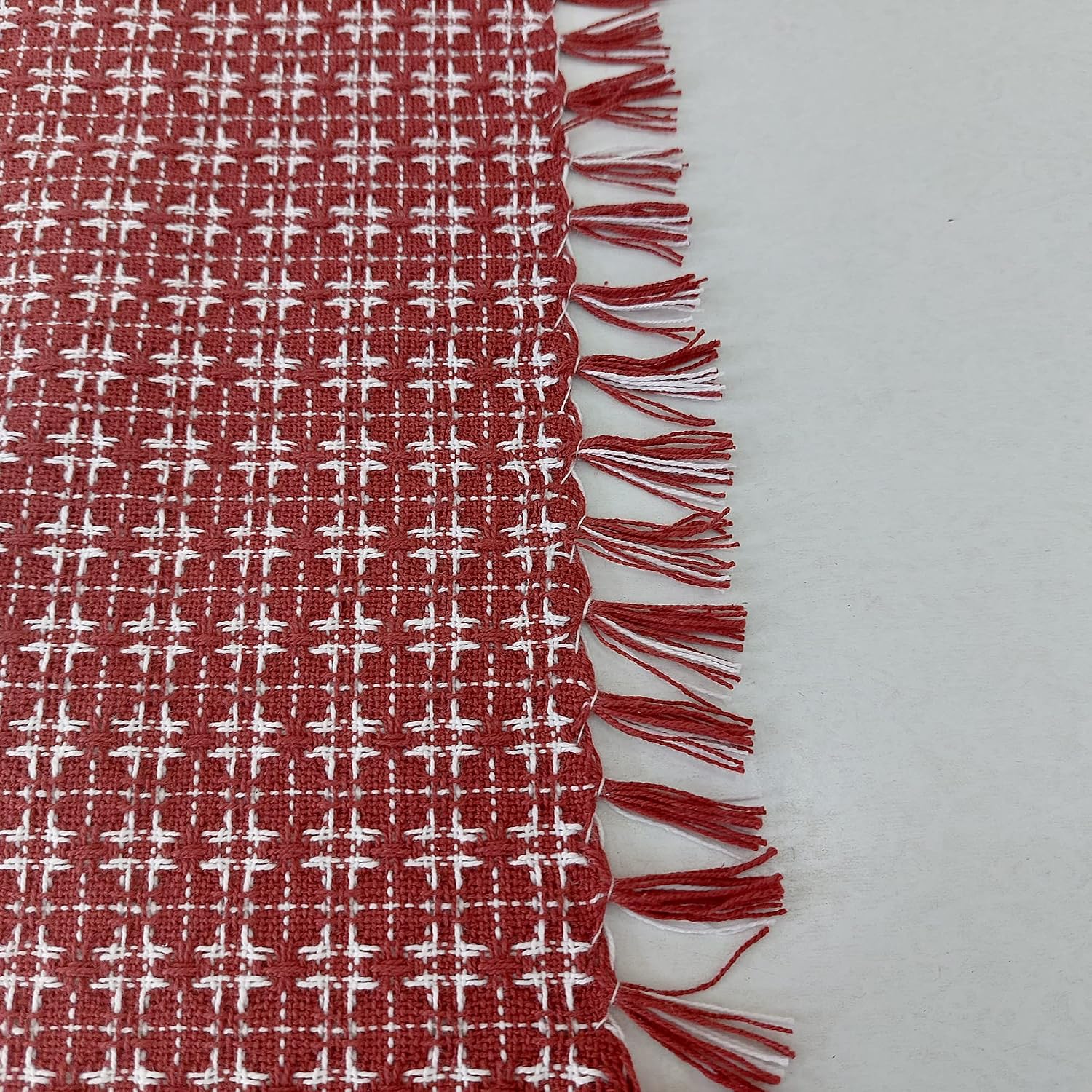Table Cloth, Spice Red/White Woven Fringed, 100% Cotton Table Cover, Size 60x102 Inch, Suitable for Formal Dining