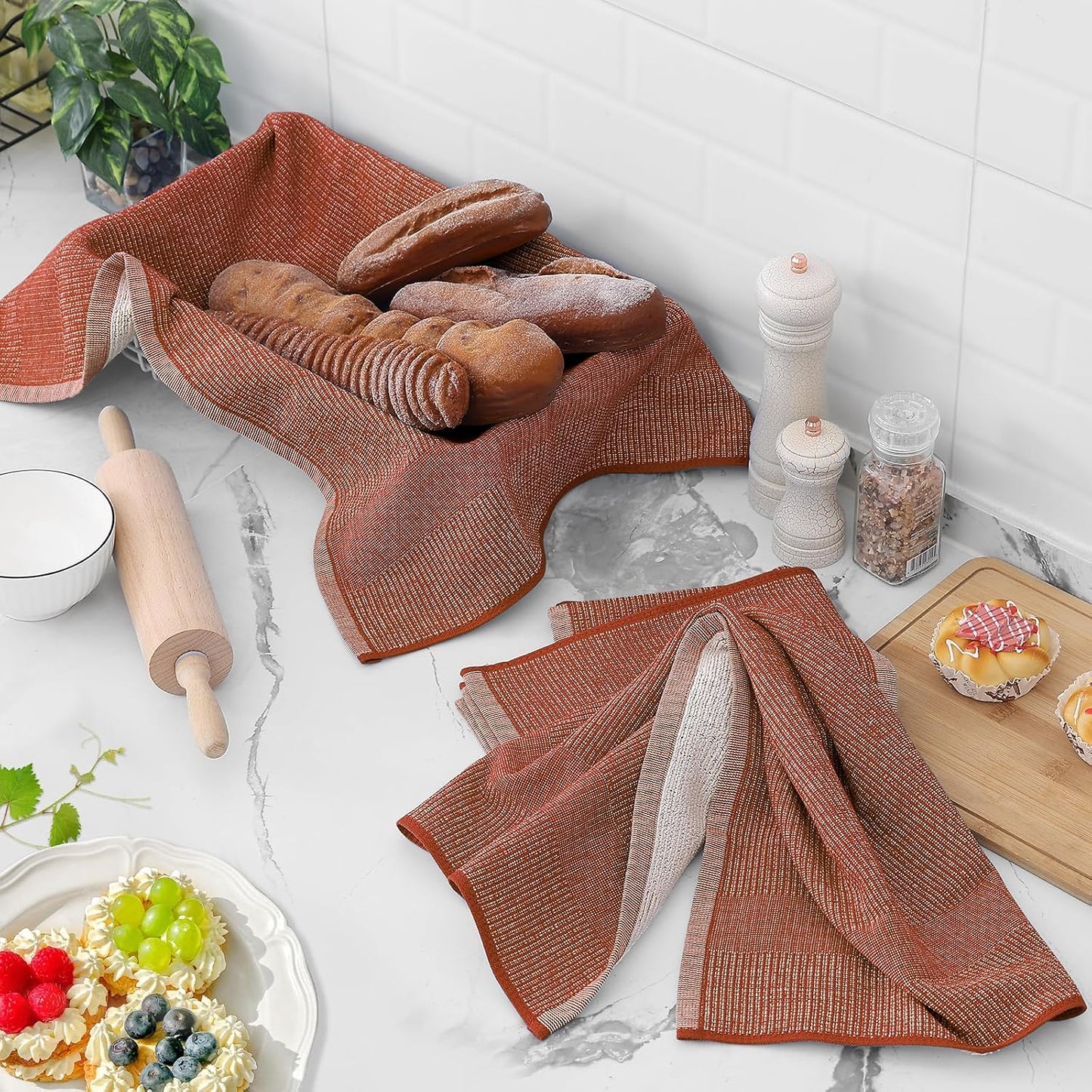Homaxy 380 GSM Cotton Premium Kitchen Towels 6 Pack, 18"x 28", Rust | Flat and Terry Dish Towels, Highly Absorbent Tea