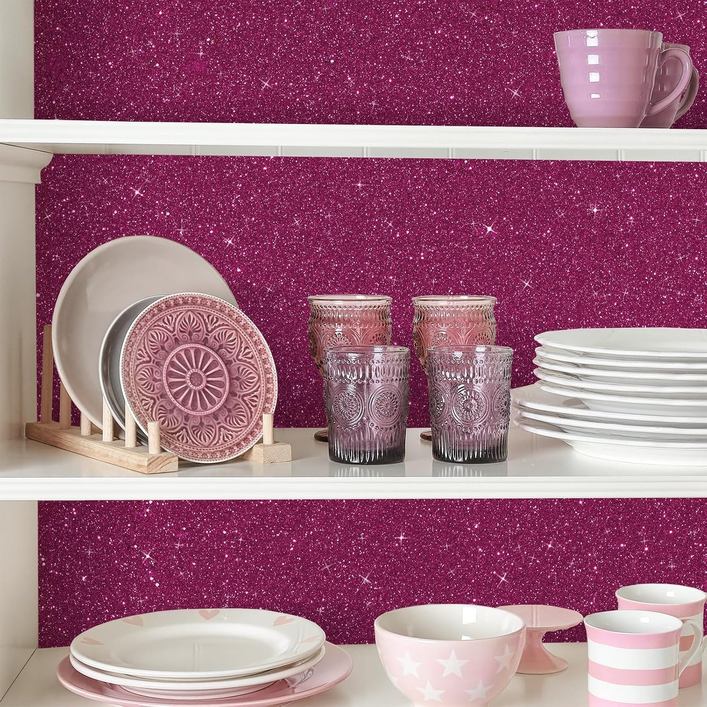 Glitter Wallpaper Border " Shiny Glitter Wallpaper Stick and Peel Fabric Wall / 8 x 354 / Deep Pink