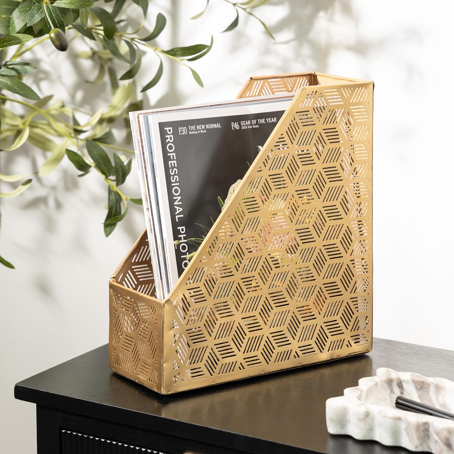 Deco 79 Metal Geometric Single Slot Magazine Holder with Laser Carved Design, 5" x 10" x 12", Gold