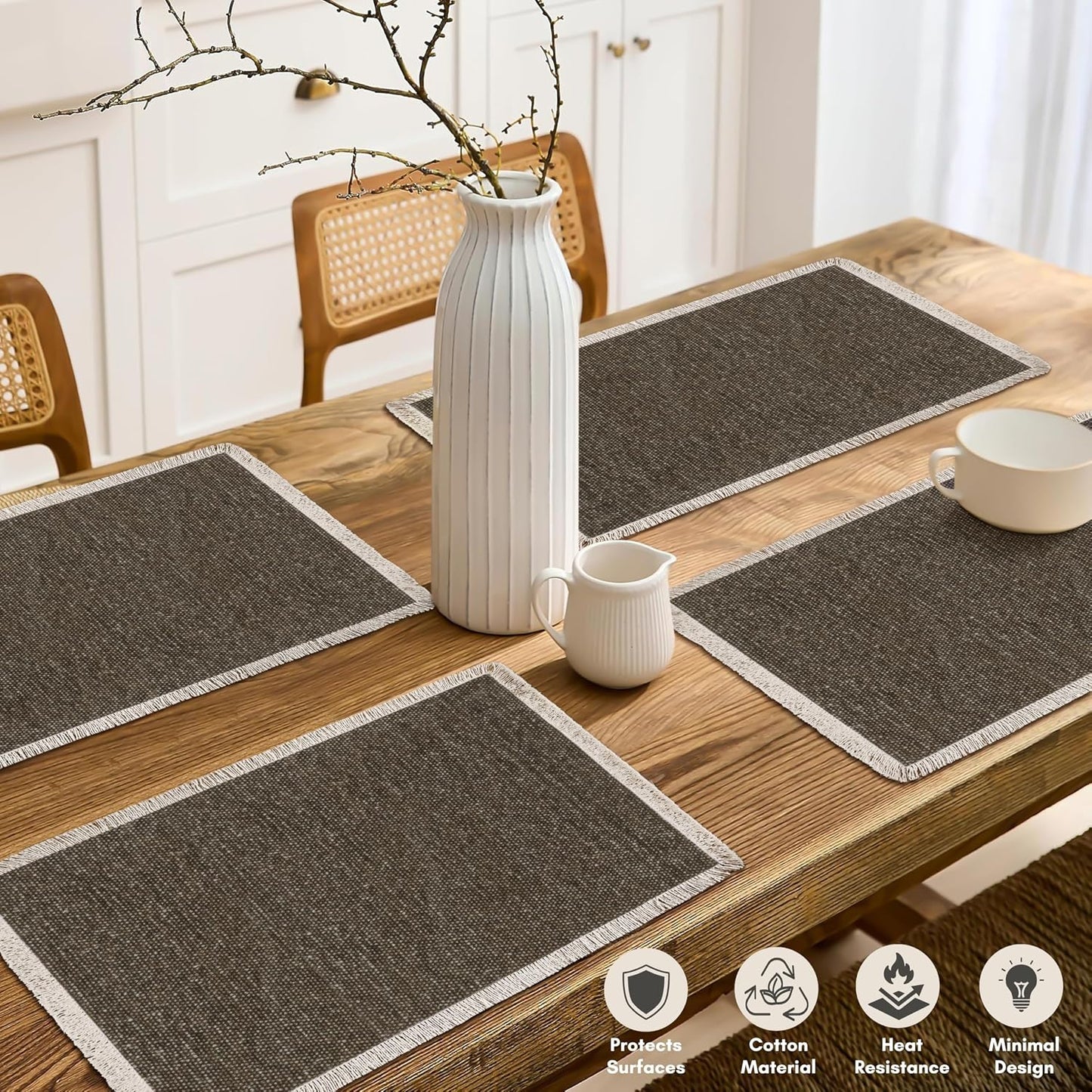 Hausattire Cotton Frayed Placemats Set of 6 Dining Table 13x19 Inch | Rustic Vintage Boho Washable Easter Placemat for