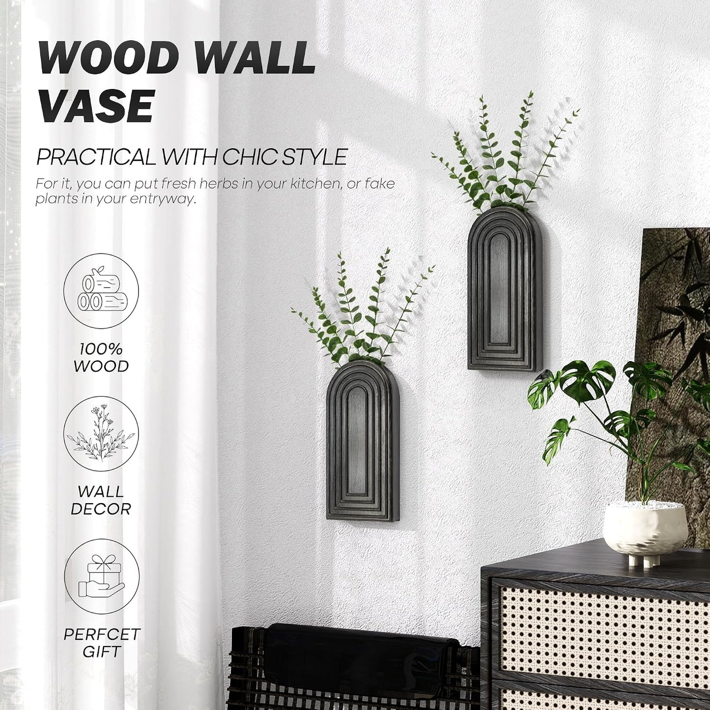 Pine Wood Wall Vases / Black / Set of 2