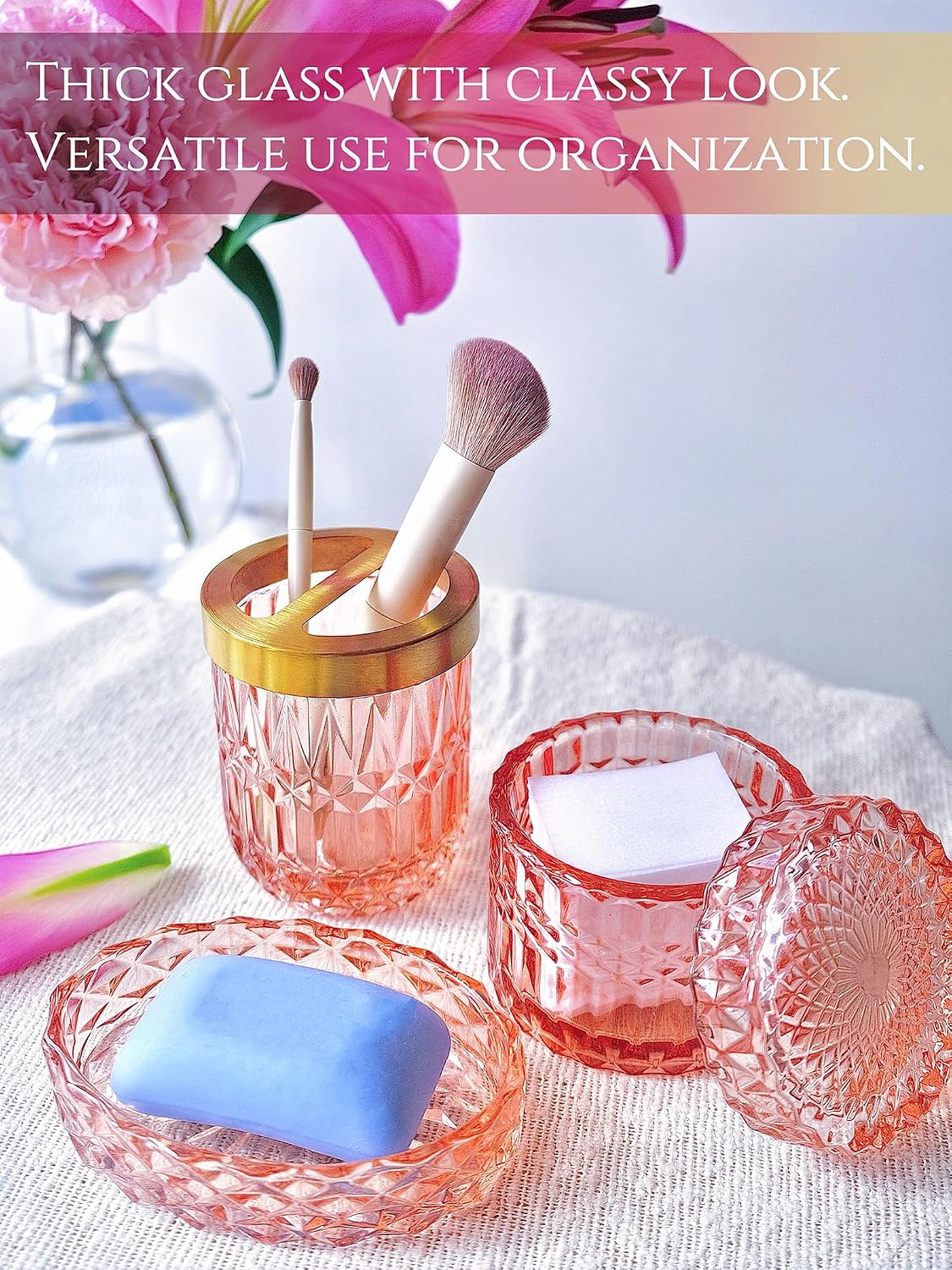 LaMarriti 5pcs Pink Bathroom Accessory Set, Clear Glass Bathroom Set, Soap Dispenser and Toothbrush Holder Set, Soap