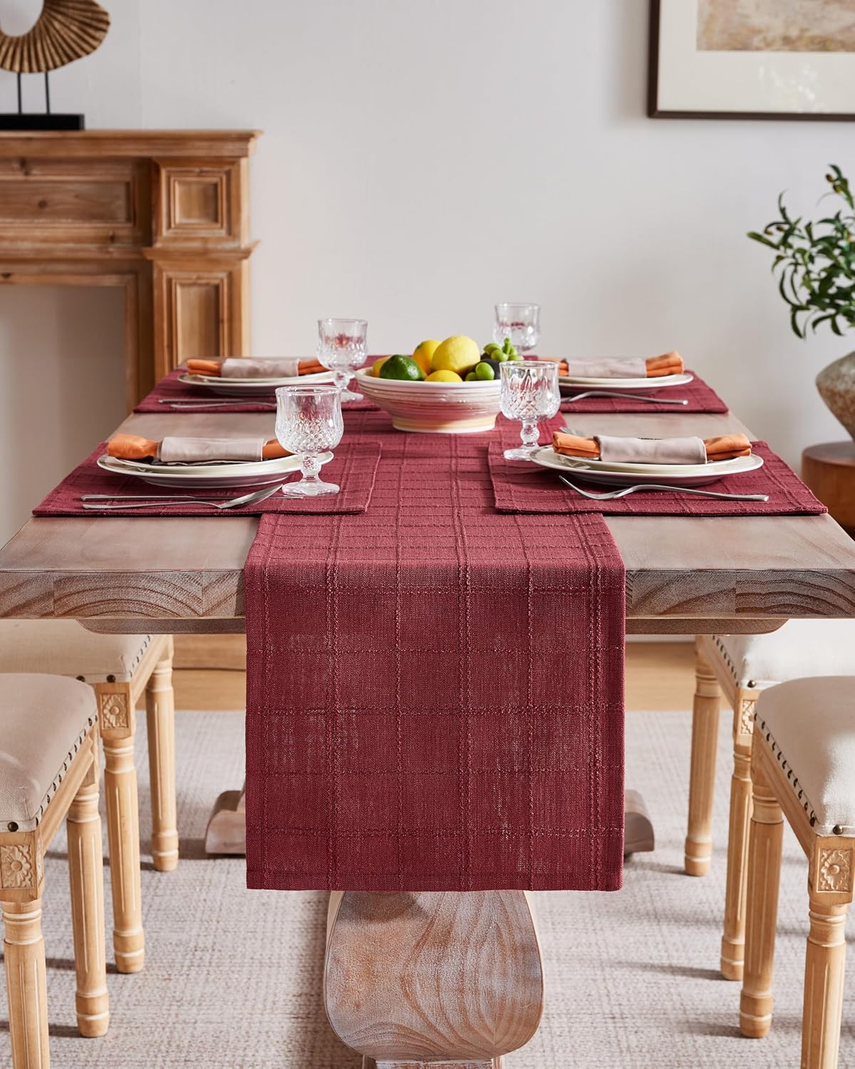 Linen Checked Farmhouse Placemats Set of 6, Burgundy 13x19in | Double Layer, Reversible, Thick Textured Table Mats