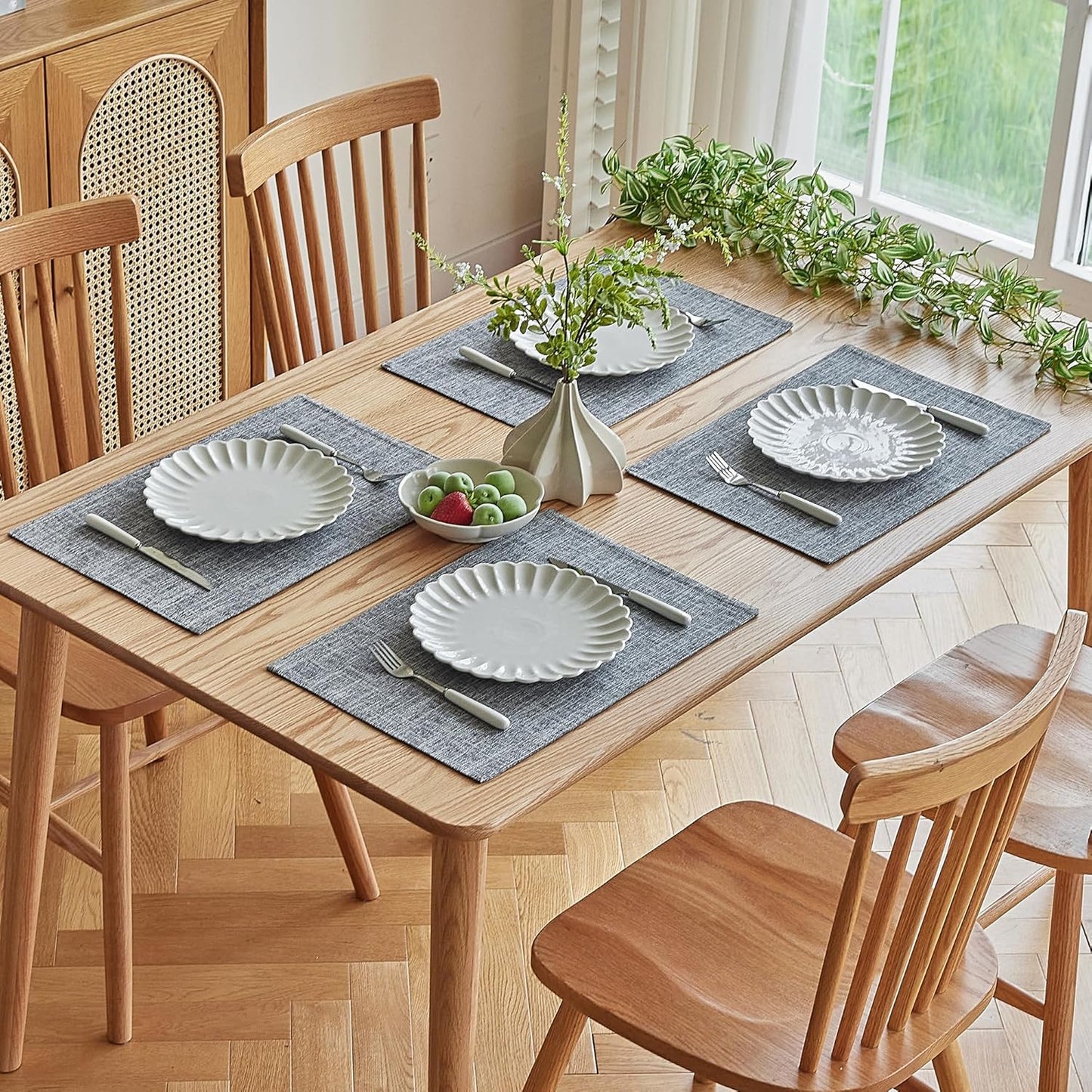 Softalker Faux Linen Cloth Placemats Set of 8-12 x 18 Inch, Light Grey | Double Layered Durable Burlap Farmhouse Place