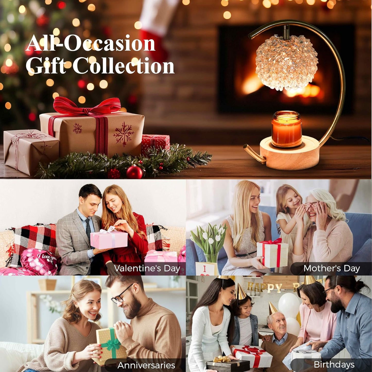 Yeuslor Gold Candle Warmer Lamp for Jar Candles with Adjustable Brightness＆Timer，Handcrafted Crystal＆Wooden Base
