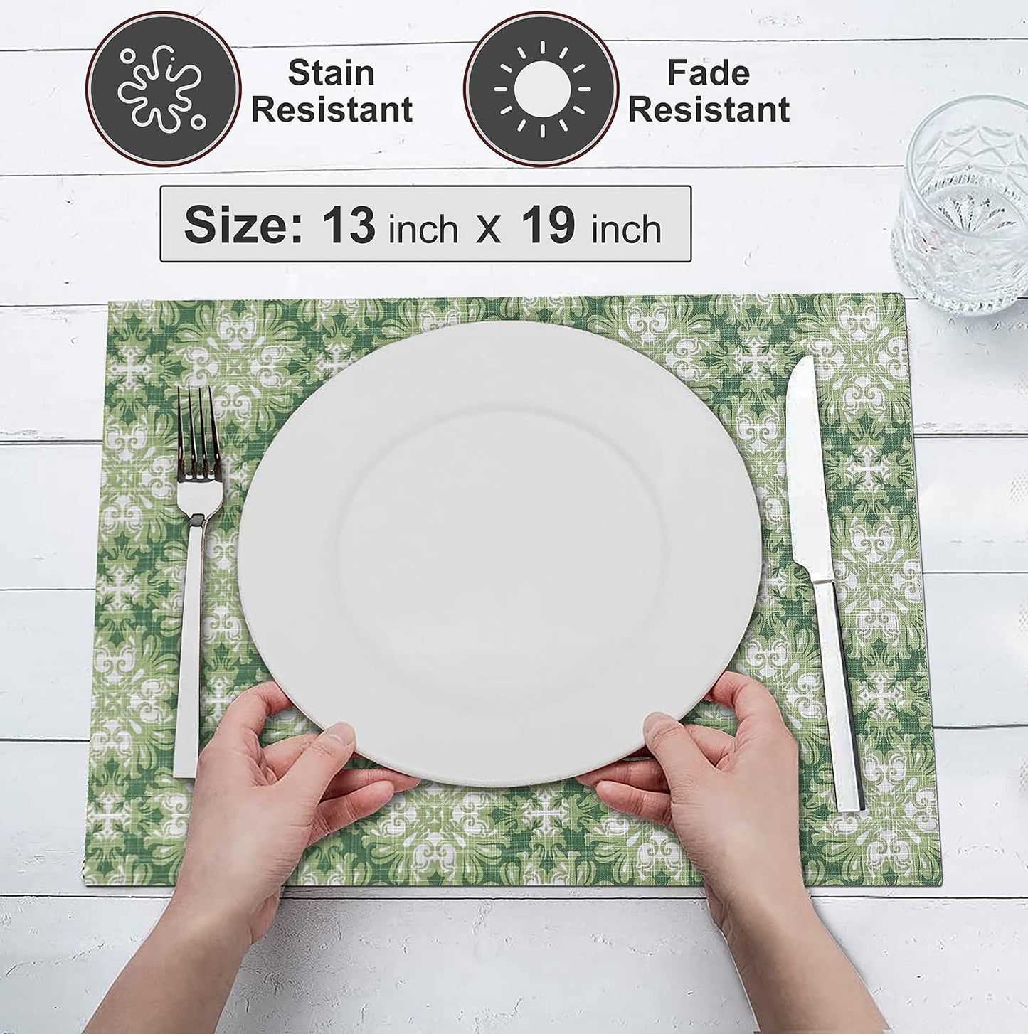 Ruvanti Placemats Set of 6, 100% Cotton Place Mats of 13"x19" – Grass Green | Heat, Stain resistant, Washable