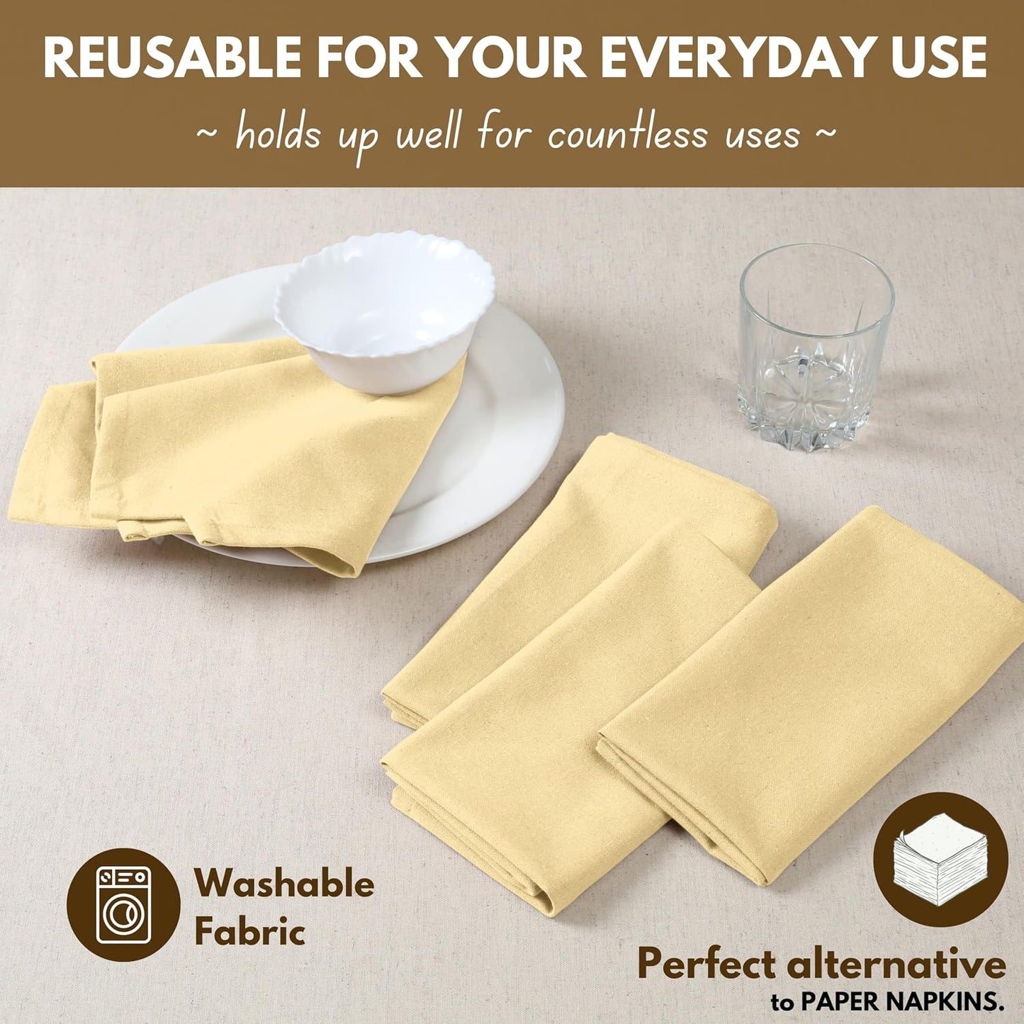 Native Fab Pale Yellow Easter Cloth Napkins Set of 12 Bulk - 100% Cotton Spring Dinner Napkin 17 x 17 - Soft