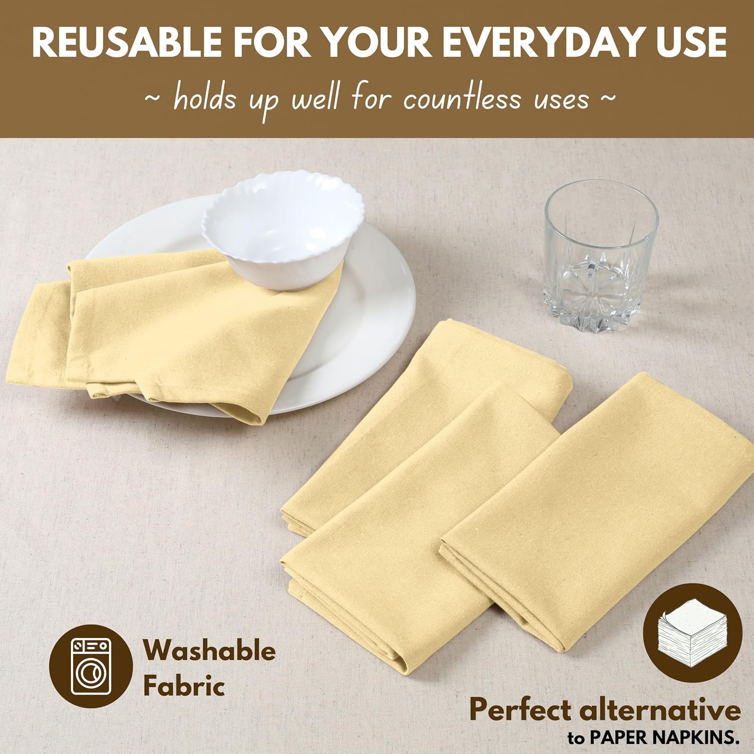 Native Fab Pale Yellow Easter Cloth Napkins Set of 12 Bulk - 100% Cotton Spring Dinner Napkin 17 x 17 - Soft