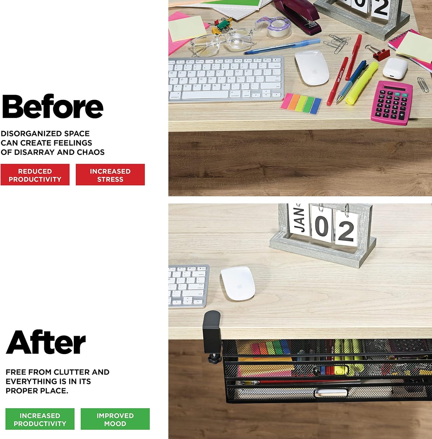 Homeify Under Desk Drawer Organizer Clamp-On, Mesh Metal Drawer Attachment, 2 Drawer Slide Out, On Or Under Desk