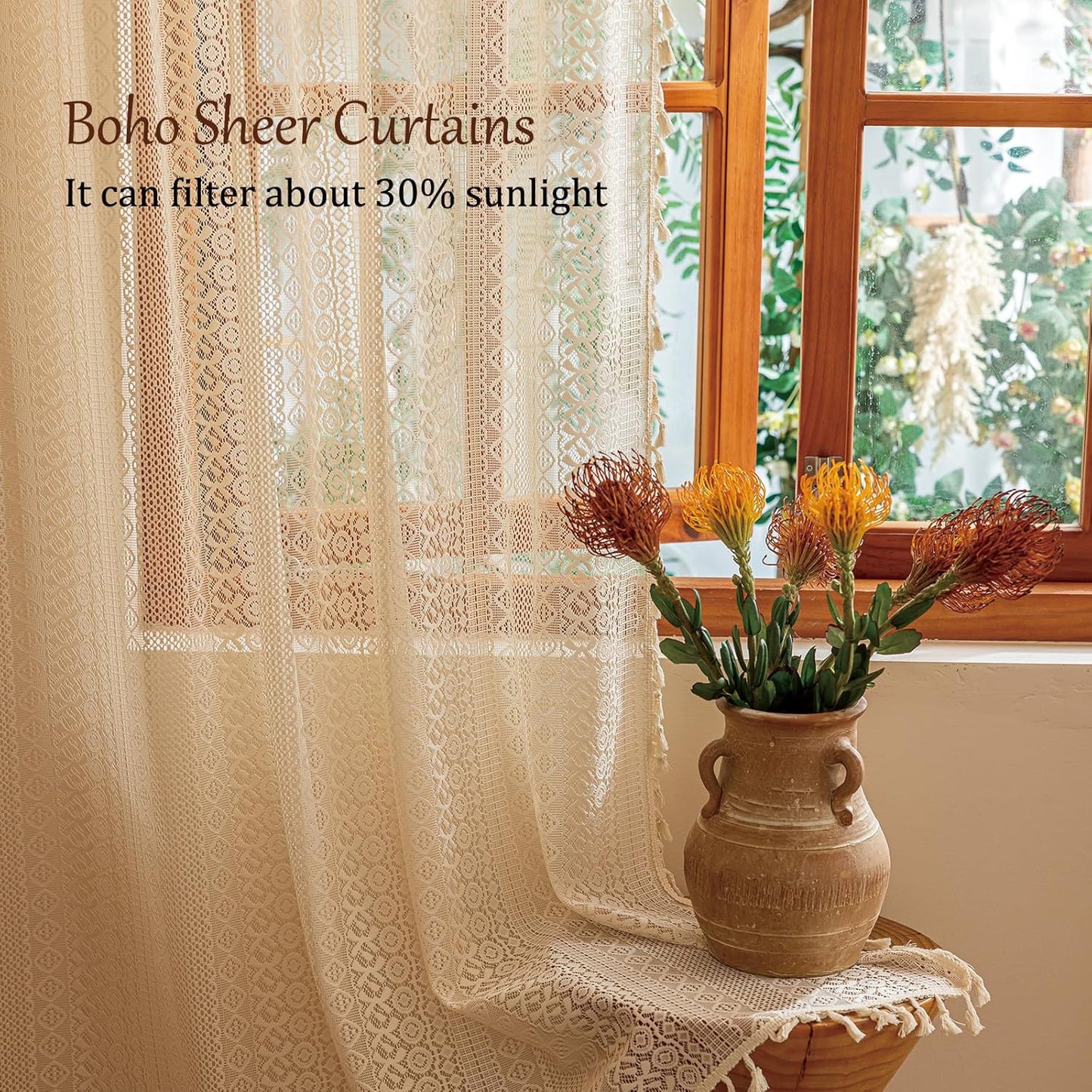 Boho Lace Curtains Long / Beige / 50"W x 84"L / 84 Inch / Set of 2