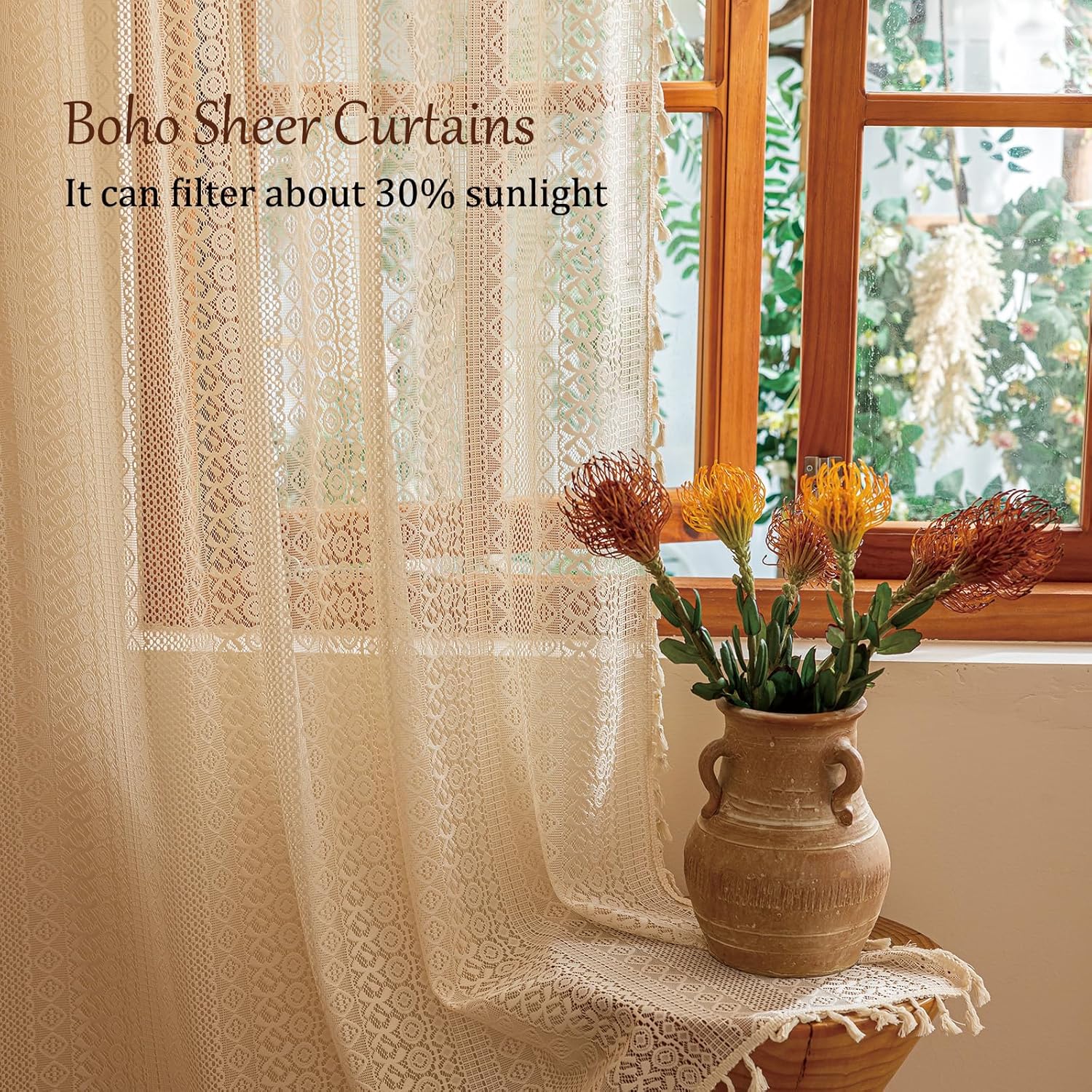 Boho Lace Curtains Long / Beige / 50"W x 84"L / 84 Inch / Set of 2