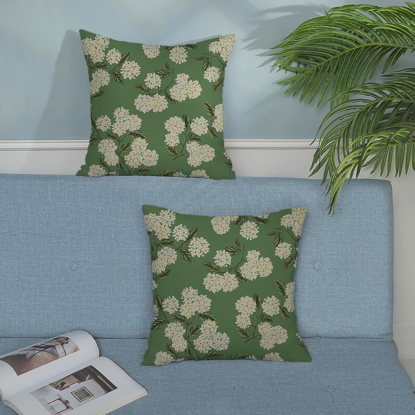 Sage Green Spring Pillow Covers Yellow Hydrangea Flower / 18 x 18 / Sage Green Hydrangea / Set of 2