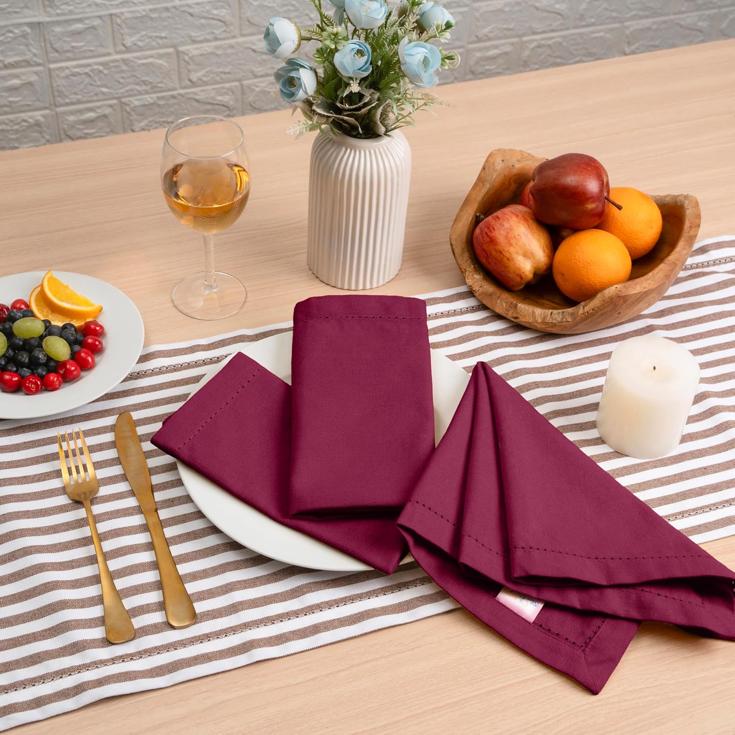 Blue Needles Set of 12 Hemstitch Linen Napkins 100% Cotton Burgundy Cloth Dinner Napkins 18x18 inches, Soft, Reusable