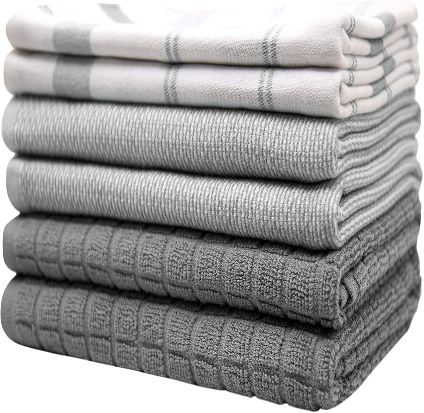 Premium Kitchen Towels 6 Pack 100% Cotton, 20"x28" Dish Towels - Grey Check | Large Flat & Terry Kitchen Linen Set with