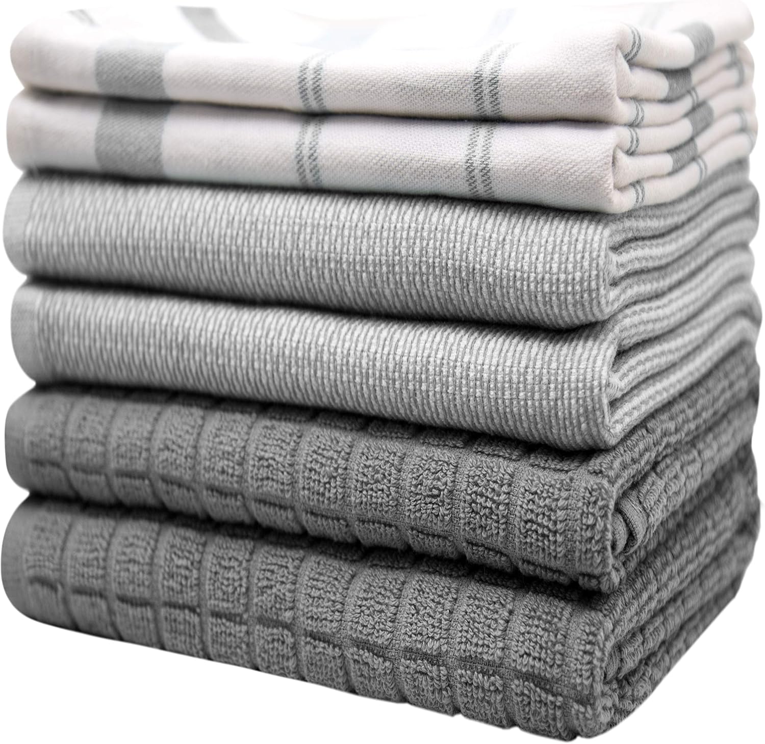 Premium Kitchen Towels 6 Pack 100% Cotton, 20"x28" Dish Towels - Grey Check | Large Flat & Terry Kitchen Linen Set with