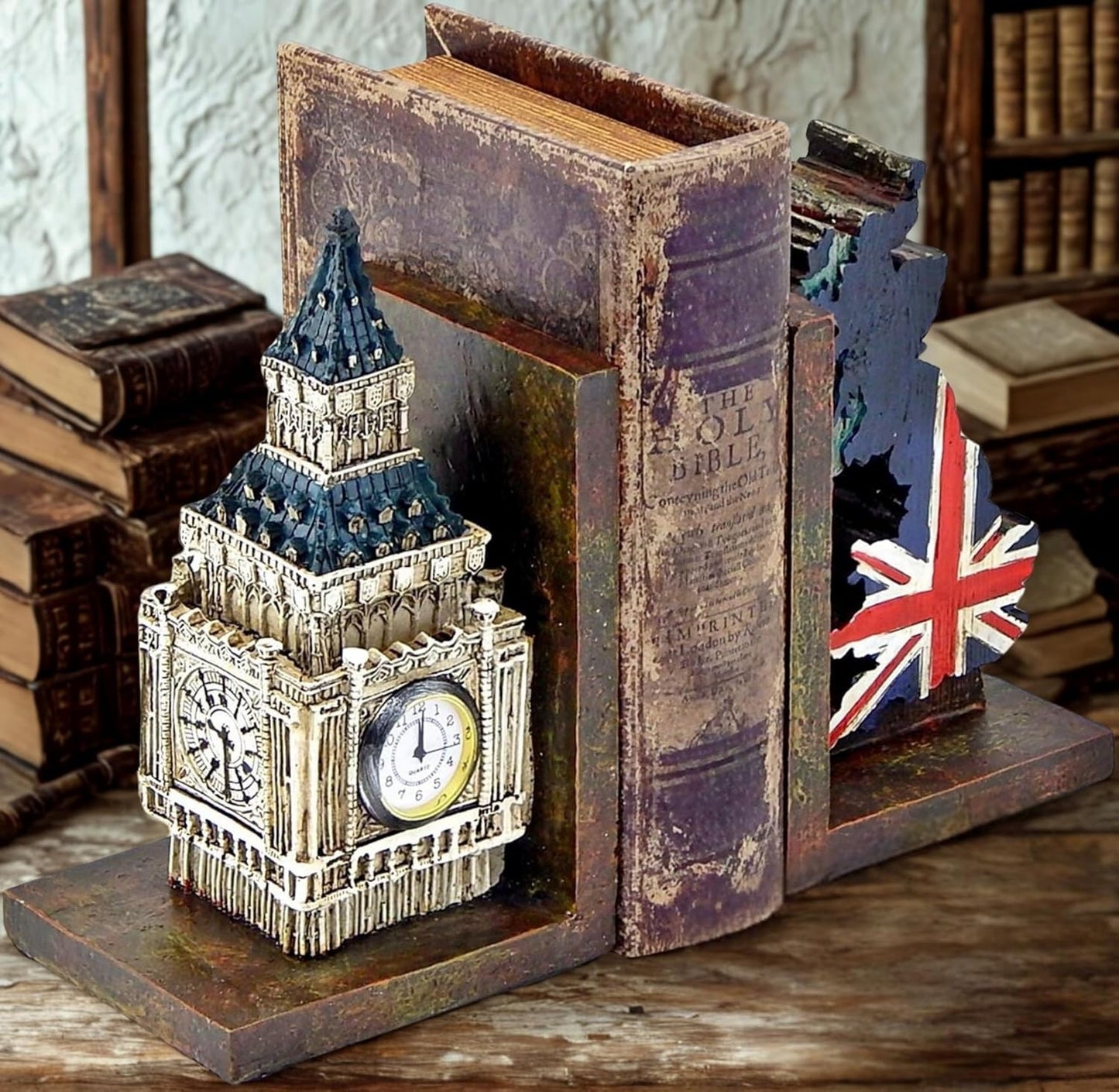 Big Ben Bookends / London Clock Tower UK Flag Decorative Book Ends