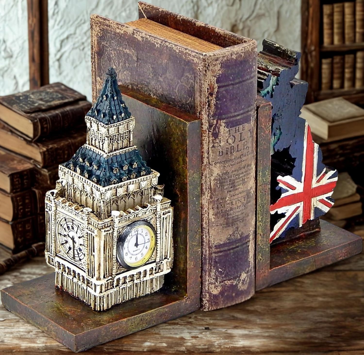 Big Ben Bookends / London Clock Tower UK Flag Decorative Book Ends