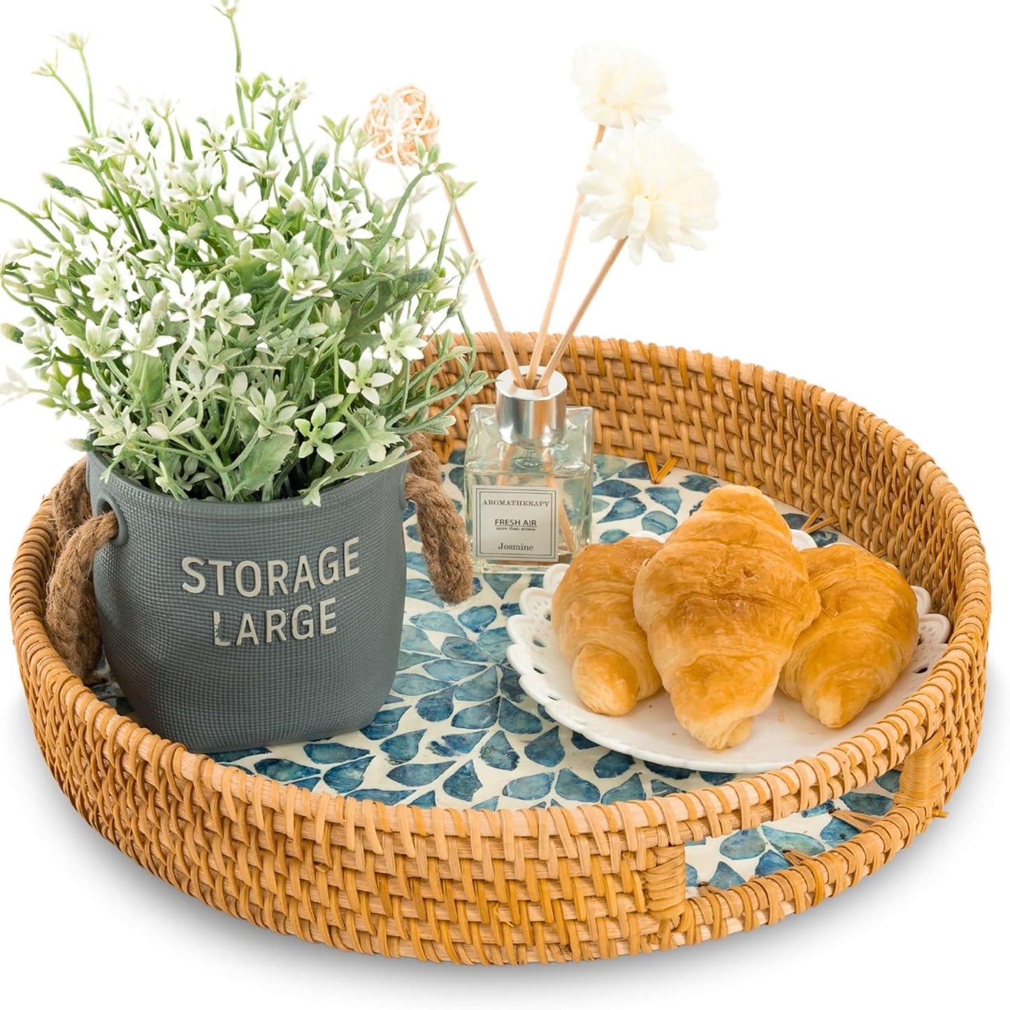 Round Rattan Tray / Blue Leaves