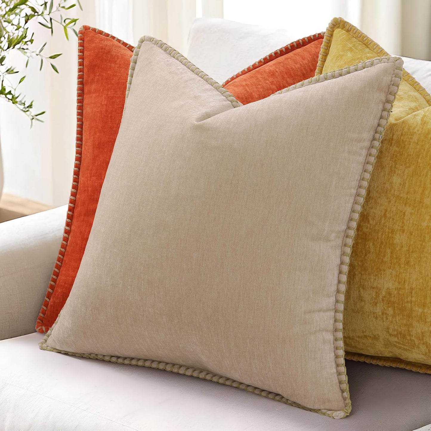 Fall Chenille Soft Throw Pillow Covers / Beige / 18 x 18 / Set of 2