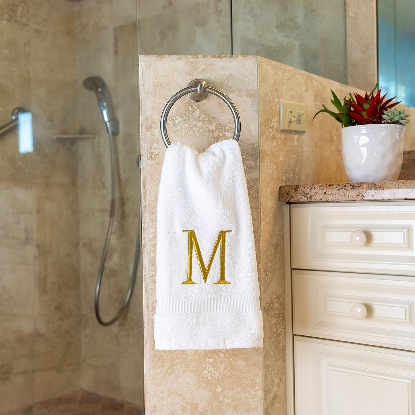 White with Gold Monogrammed Hand Towels for Bathroom - Set of 2 Letter M | Luxury Hotel Quality Initial Towels For