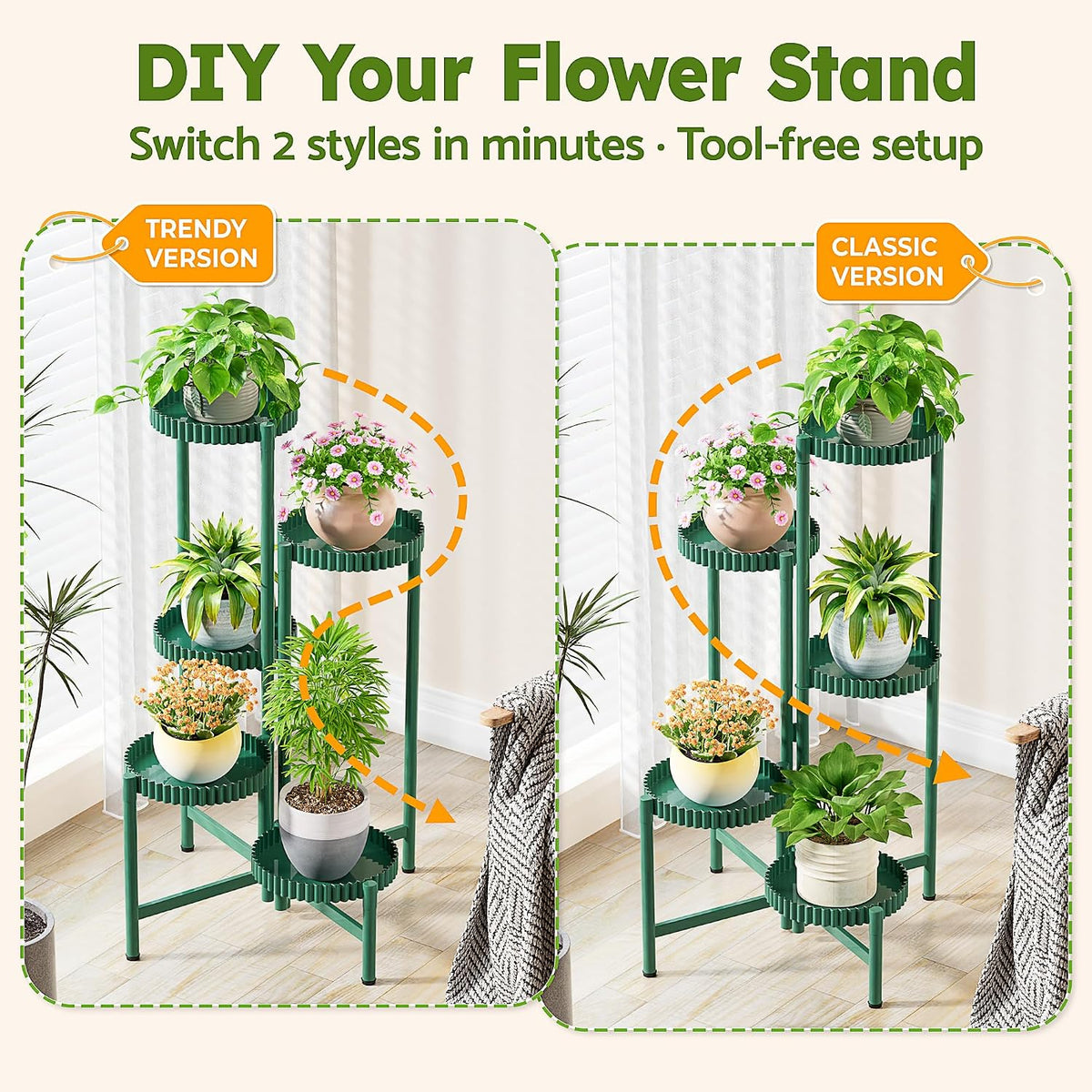 5 Tier Large Plant Stand Indoor, 7.9 Inch Wide Corner Tall Metal Plant Stands Outdoor for Multiple Plants, Folding