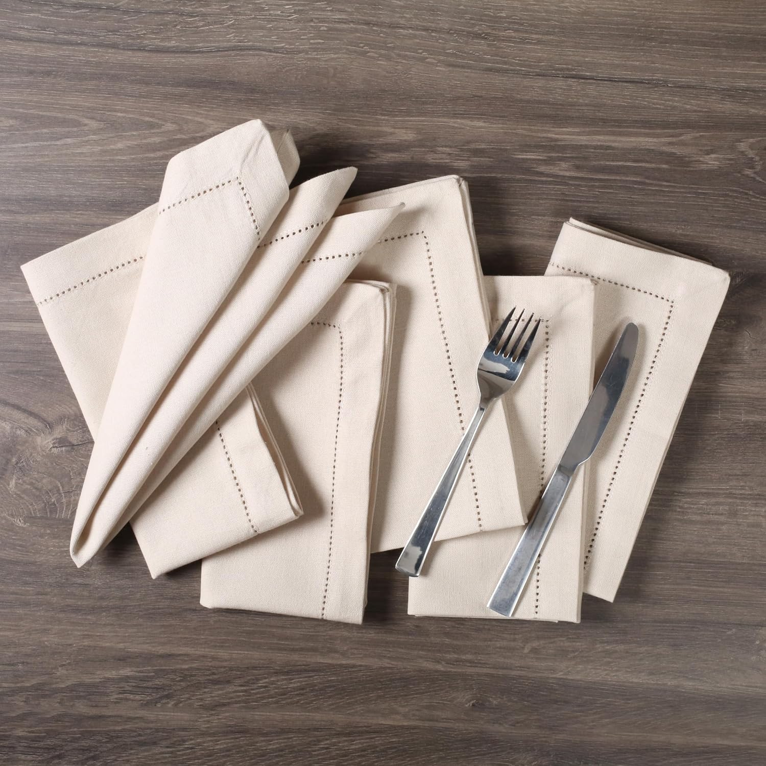 Bedding Craft Cotton Linen Napkins, Oatmeal, 18x18, Set of 12 | Cotton-linen blend, flax oatmeal color, hemstitched