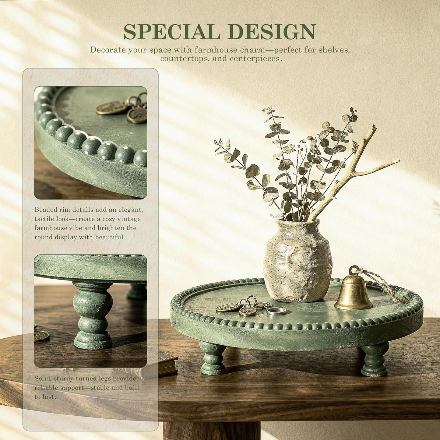 Beaded Pedestal Tray / Green
