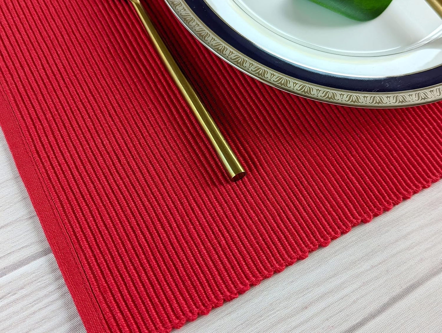 100% Cotton Ribbed Placemats - Set of 8-13 x 19 - Red - Everyday/Christmas/Valentines Fabric Table Mats - Thick