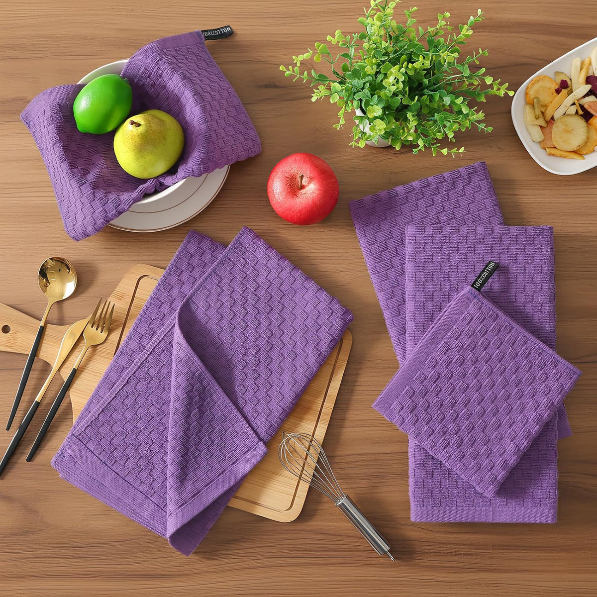 Homaxy 100% Cotton Terry Kitchen Towels(15" x 25", 12 Pack), Purple | Soft and Super Absorbent Dish Towels, 380 GSM