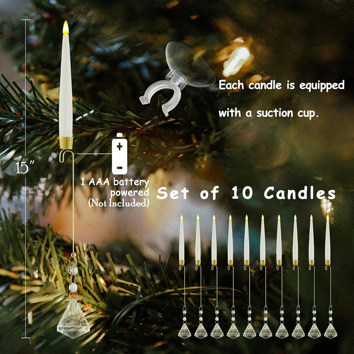 JOIONE Christmas Tree Candles, 10 Pack Crystal Diamond Tree Hanging Decor | Battery Operated, Remote Control, Crystal