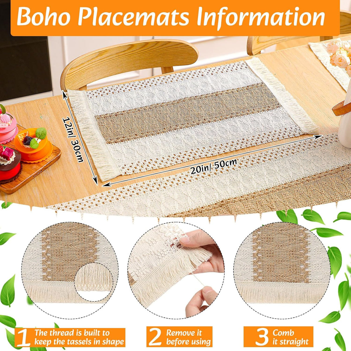 Boho Placemat Table Runner Napkin Rings, Khaki, 12x108, 8 Sets | Woven Mats for Dining with Wood Bead Rings, Cloth