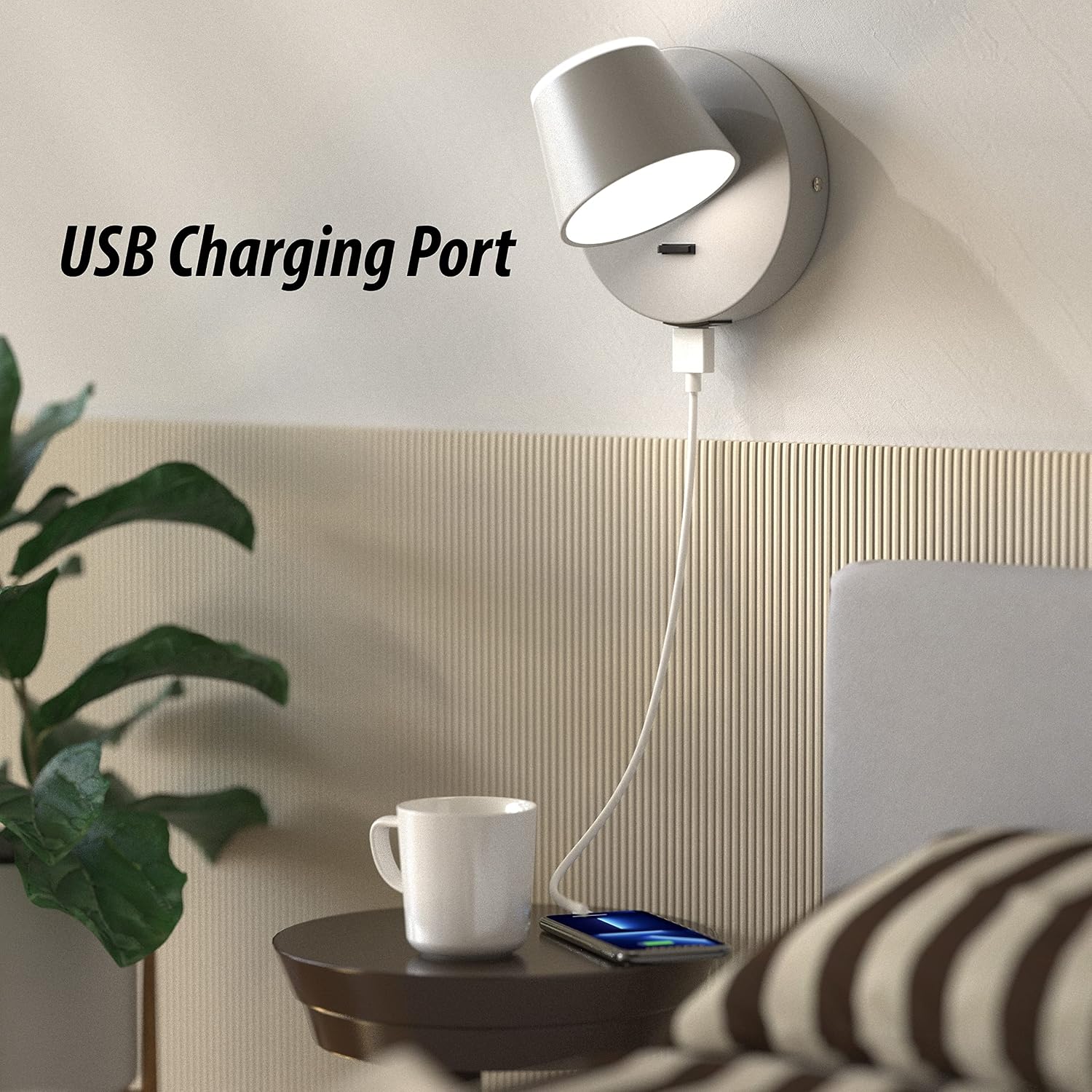 URSOLA Wall Light LED Wall Sconce with On/Off Switch USB Charging Port 110 Volt Hardwired Wall Lamp 350 Rotatable Up