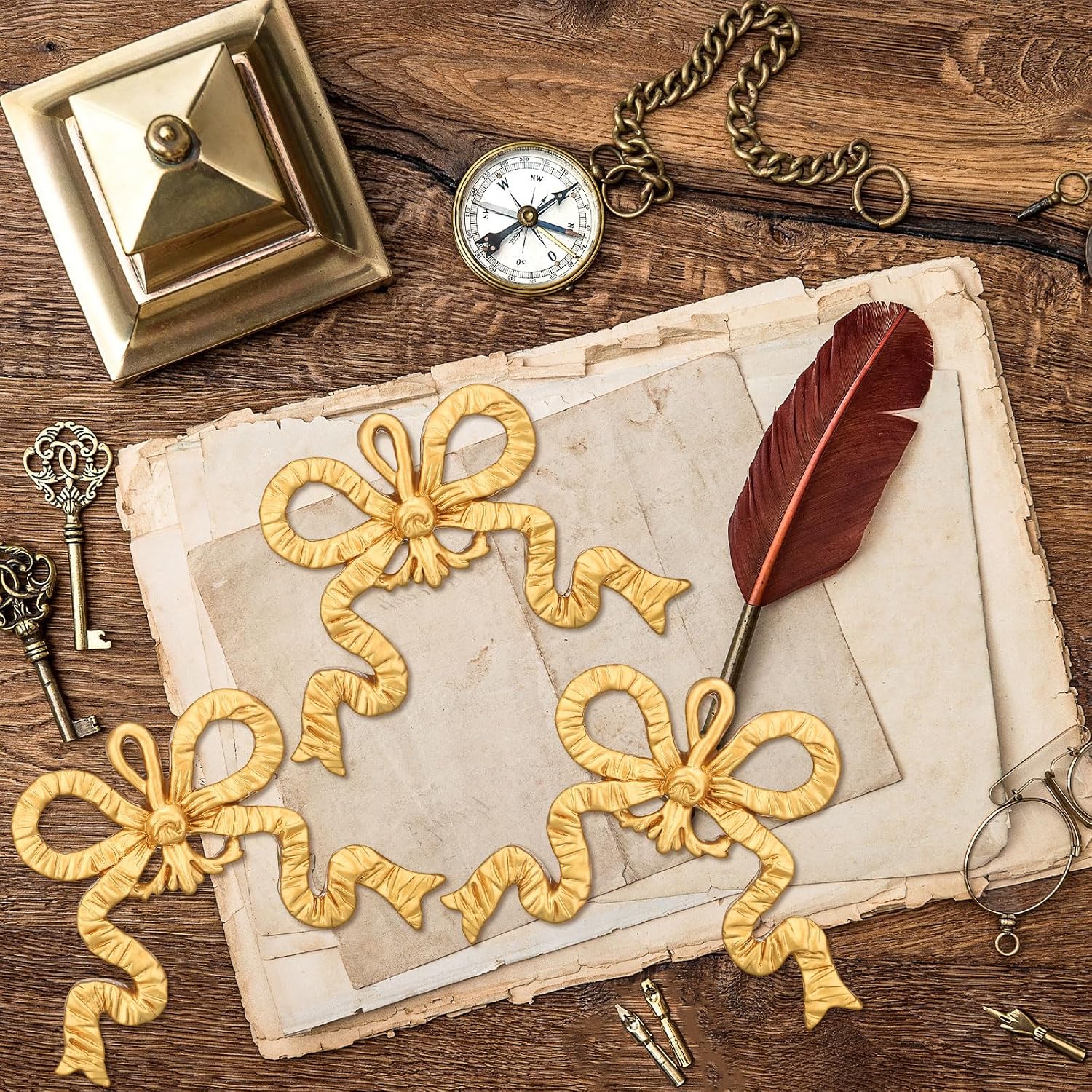Bow Decoration Golden Wall Hanging Golden Bow Knot Wall Craft Carved Resin Bowknot / Set of 3