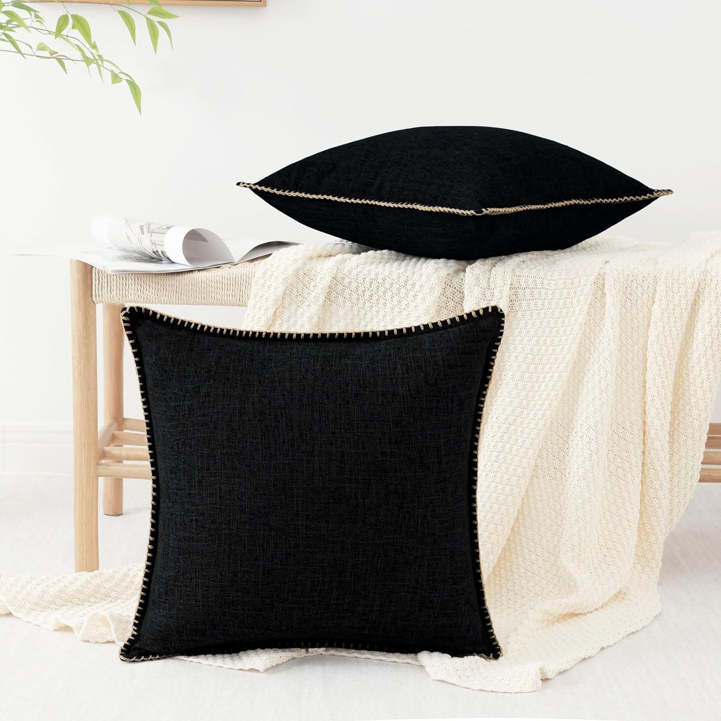 Fall Decorative Throw Pillow Covers Square Faux Linen Outdoor Neutral / Black / 18 x 18 / Set of 2