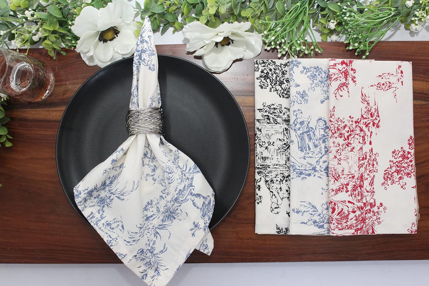 COTTON CRAFT Cloth Napkin - French Country Toile 12 Pack 100% Cotton Napkin | 18x18 inches - Blue - Soft Absorbent