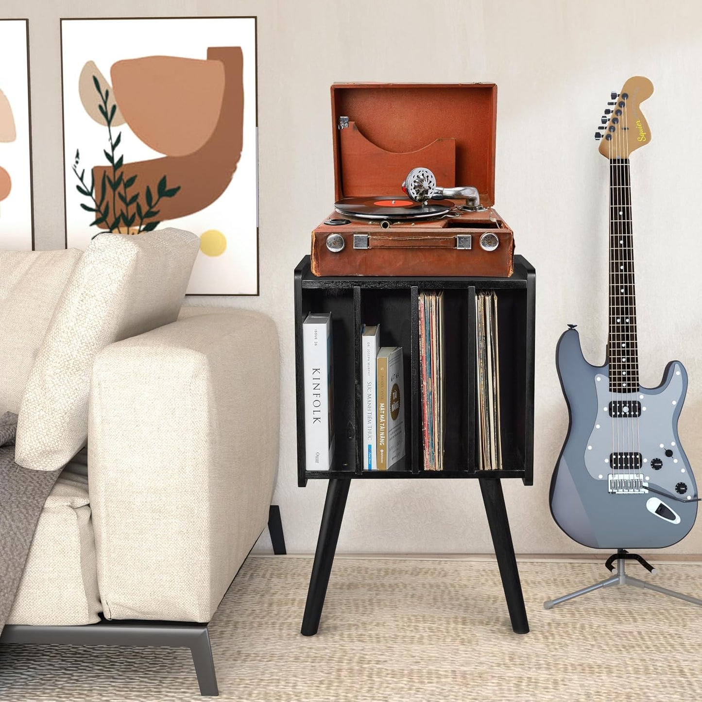 2BHOME Wooden LP Record Player Stand with 4 Cabinets, Holds up to 100 Vinyls, Metal Record Storage Holder and Organizer