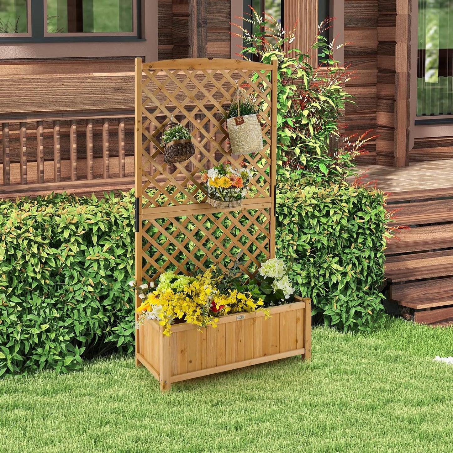 GIANTEX Planter Raised Bed with Trellis, 71" Wooden Garden Bed, High Trellis for Vine Plant Flower Climbing Pot