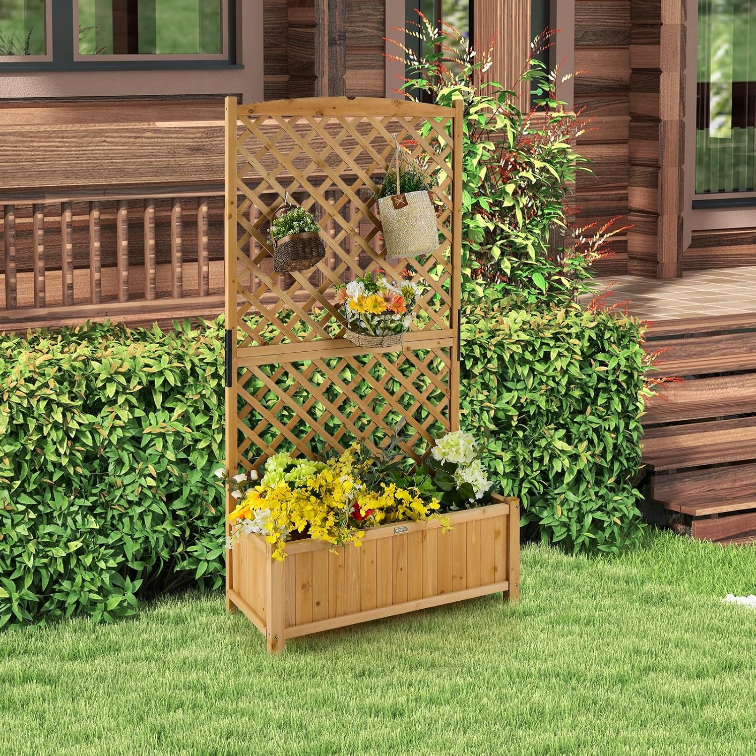 GIANTEX Planter Raised Bed with Trellis, 71" Wooden Garden Bed, High Trellis for Vine Plant Flower Climbing Pot