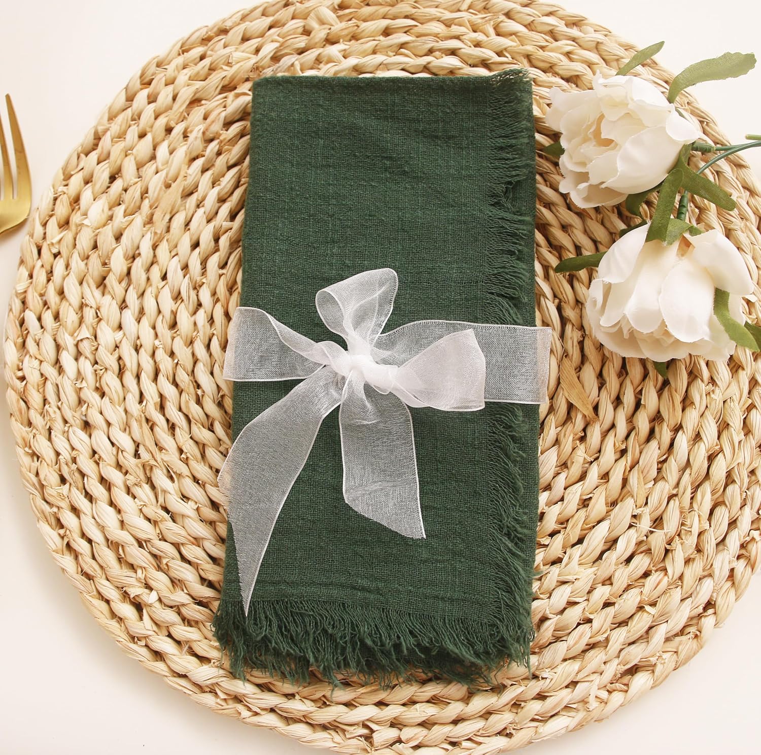 Fall Cloth Napkins with Fringe, Cotton Gauze Napkins Set of 12, Dark Green | Boho Rustic Dinner Napkins, 16 x 16 Inch
