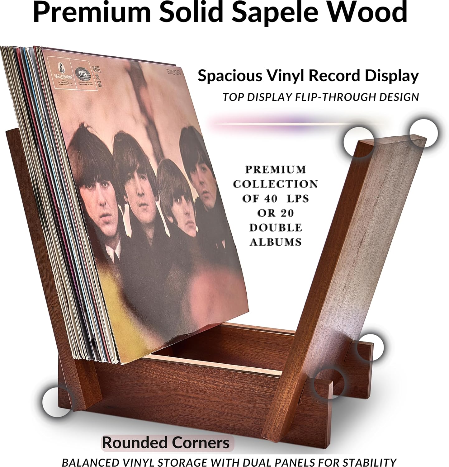 Honygebia Sapele Wood Vinyl Record Holder, V-Shaped Rack for 40 Premium LPs | Solid Sapele Wood Record Album Holder