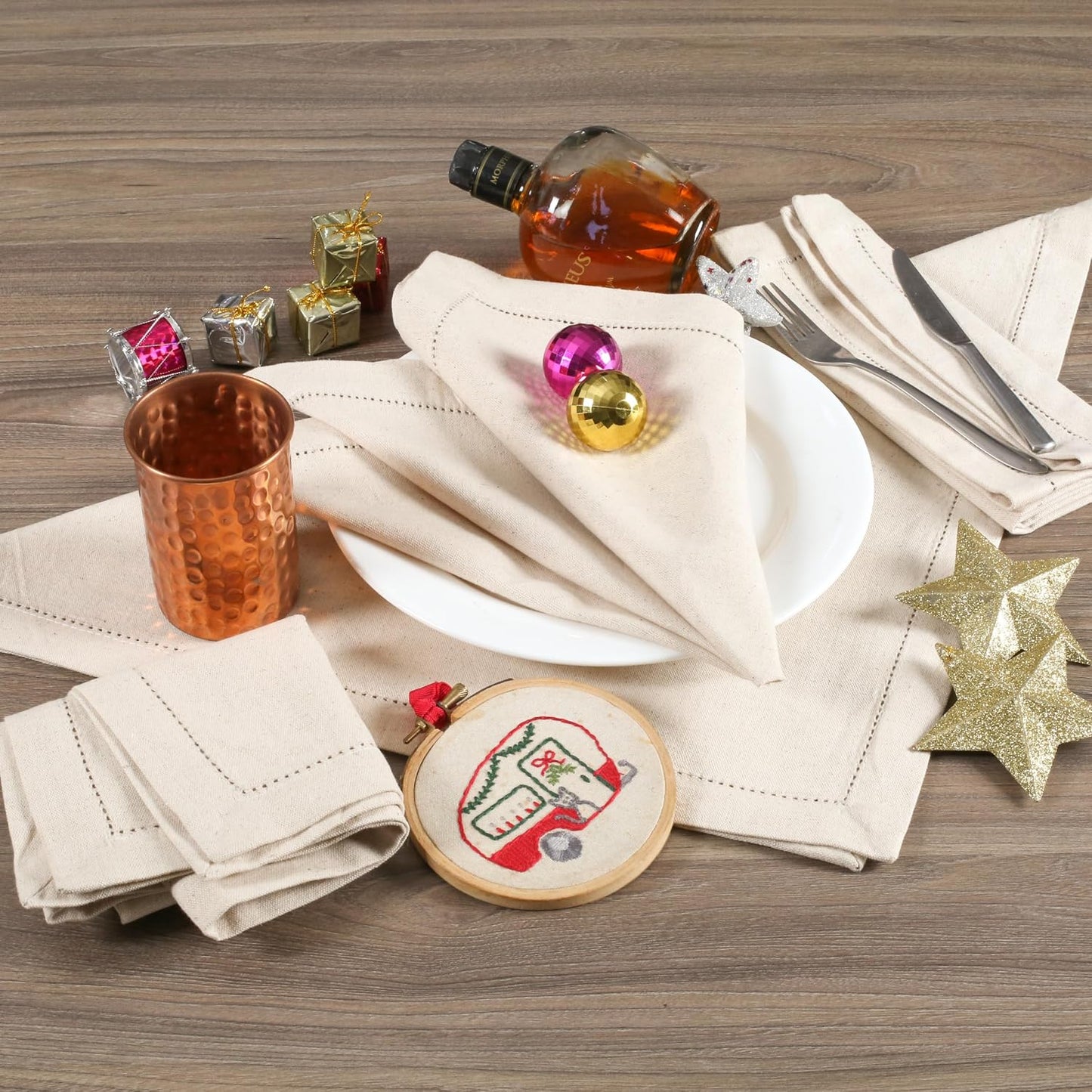 Lightnpro Flax Linen Napkins Set of 12 – Hemstitched Dinner Cloth Napkins, Washable and Reusable Natural Flax Napkins